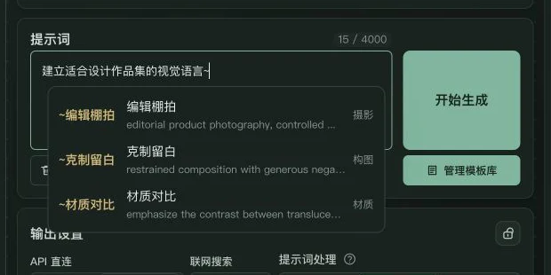 The prompt editor shows three reusable prompt fragments after a tilde